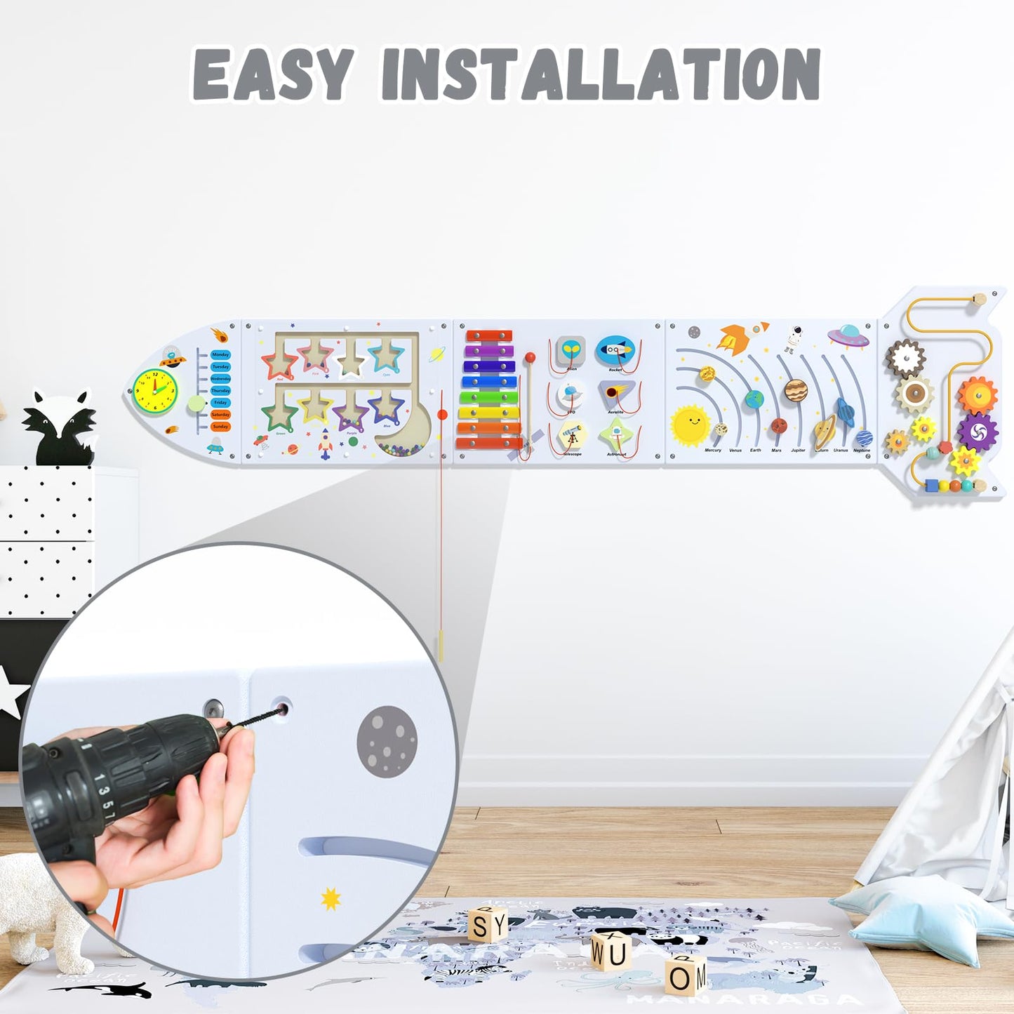 Nigwet Rocket Activity Wall Busy Board Panels – Sensory Montessori Wall Panel for Toddlers (White Grey)