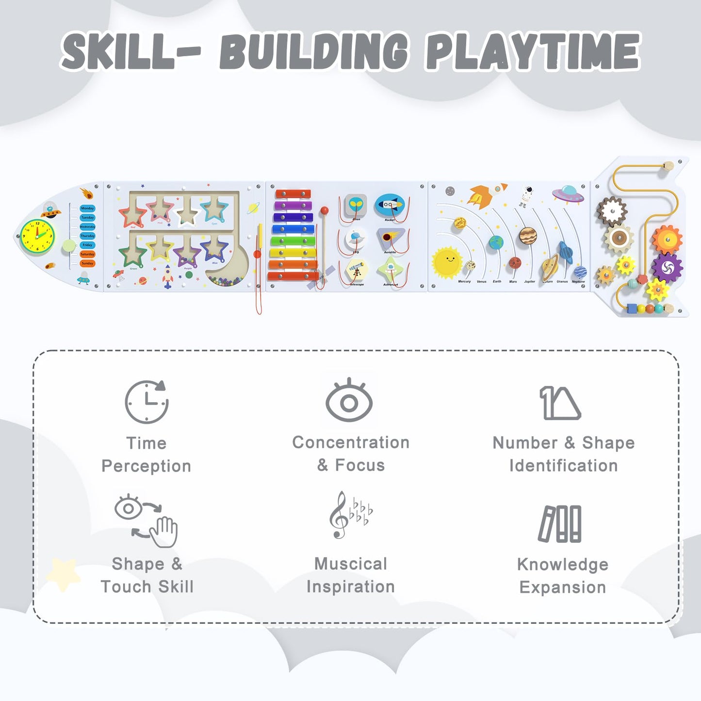 Nigwet Rocket Activity Wall Busy Board Panels – Sensory Montessori Wall Panel for Toddlers (White Grey)