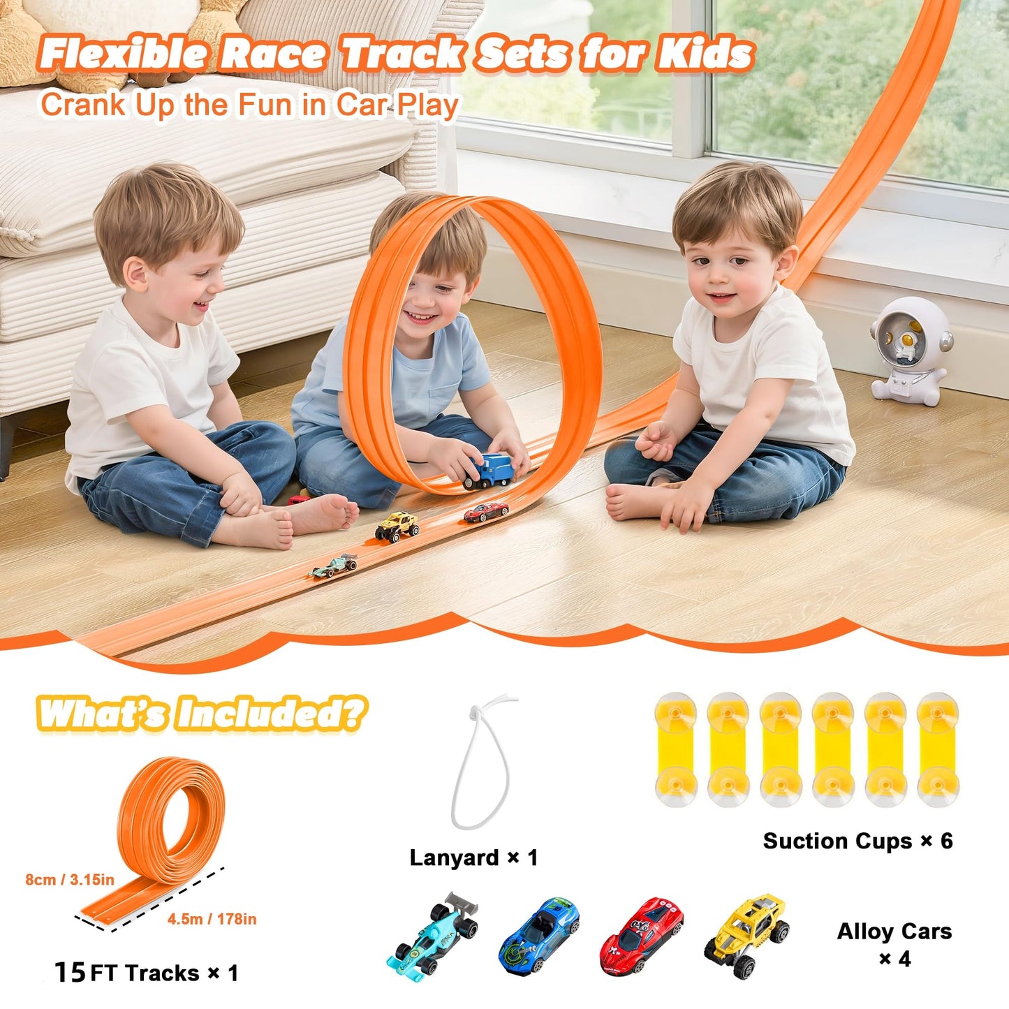 Nigwet Flexible Race Track – 15ft Bendable Toy Track for Kids (Orange)
