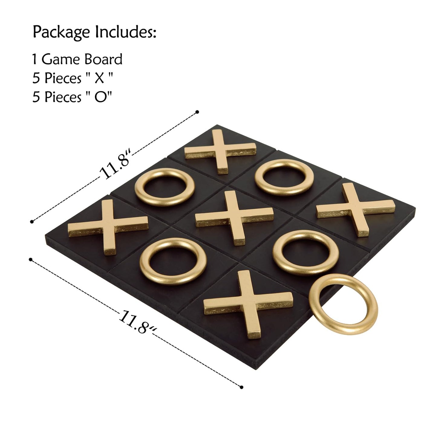 NIKKY HOME 12x12 Inch Tic Tac Toe Board – Wood, Black & Gold, Modern Coffee Table Decor & Travel Game