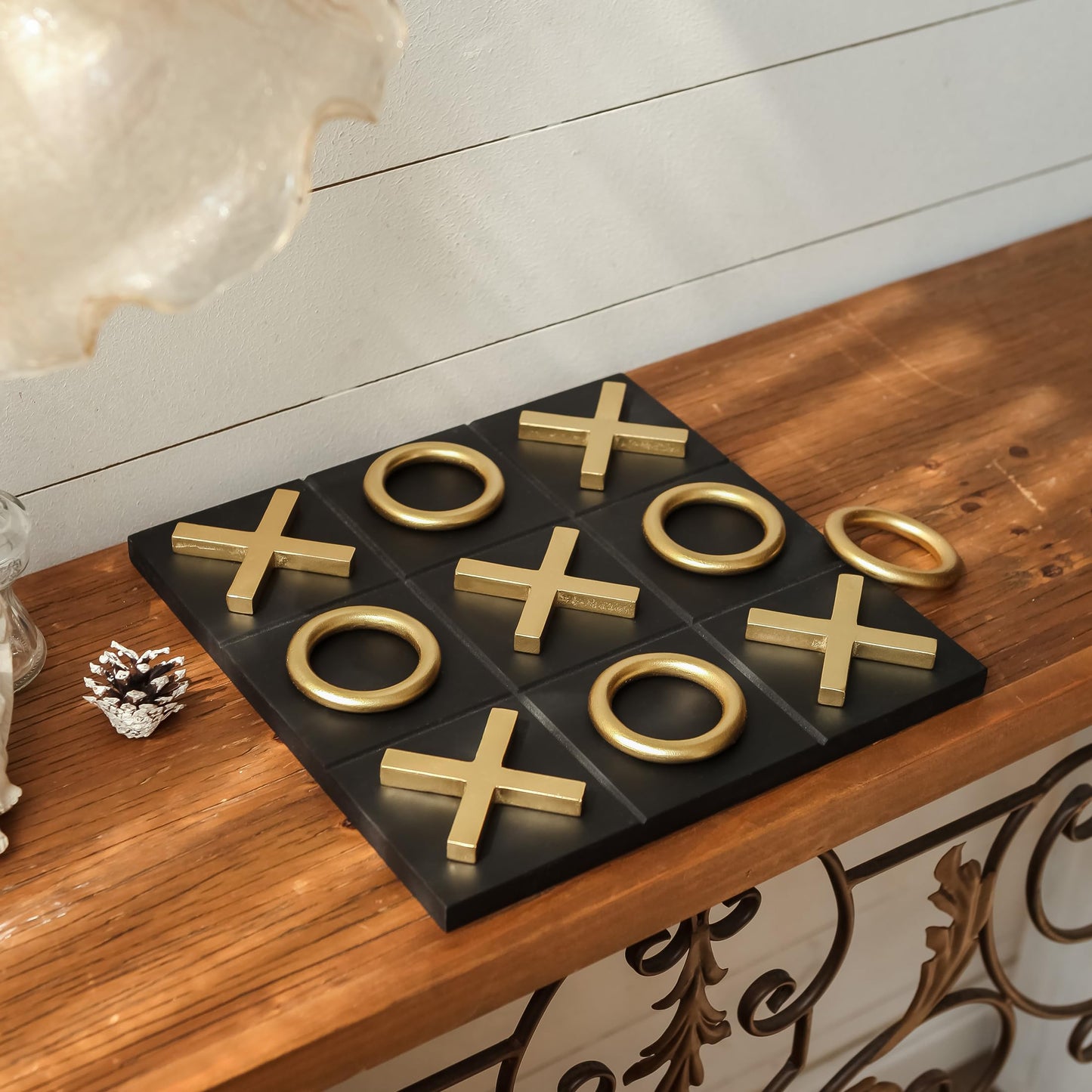NIKKY HOME 12x12 Inch Tic Tac Toe Board – Wood, Black & Gold, Modern Coffee Table Decor & Travel Game