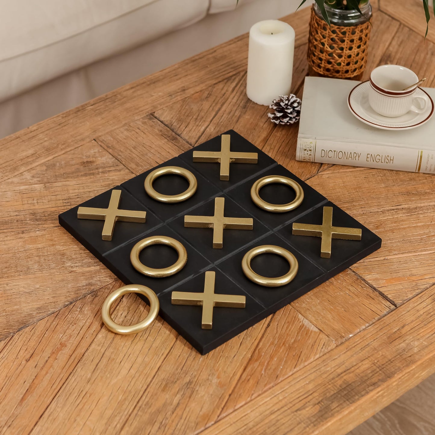 NIKKY HOME 12x12 Inch Tic Tac Toe Board – Wood, Black & Gold, Modern Coffee Table Decor & Travel Game