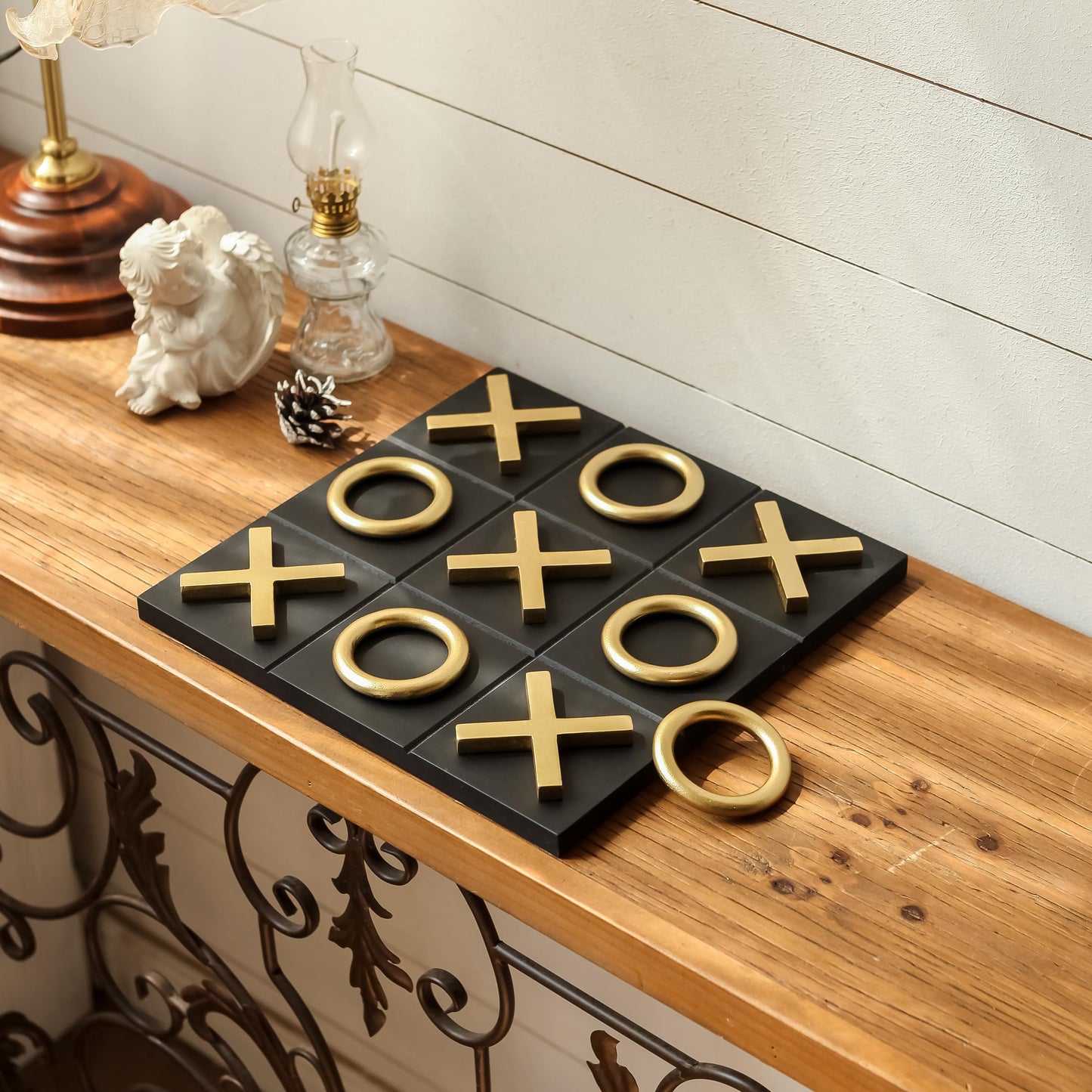 NIKKY HOME 12x12 Inch Tic Tac Toe Board – Wood, Black & Gold, Modern Coffee Table Decor & Travel Game