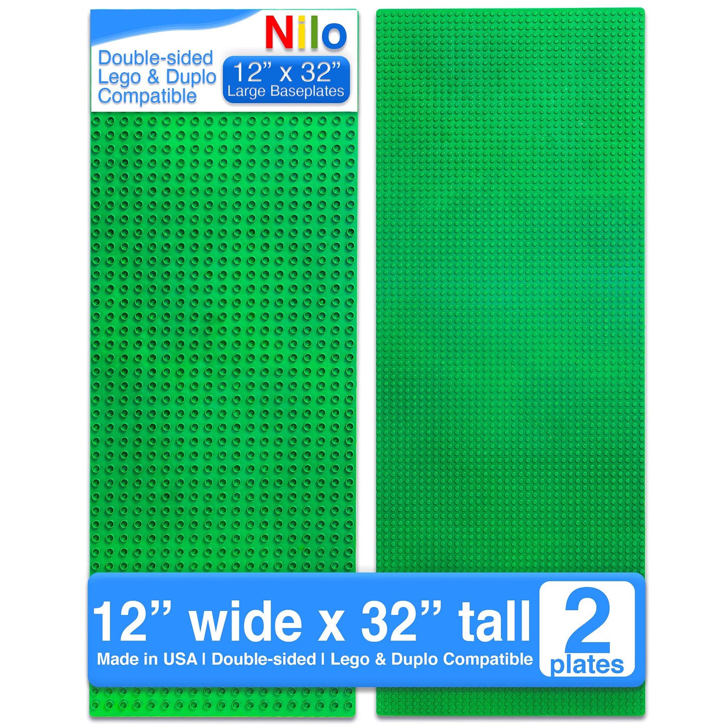 NILO Large Green Building Plates – 2-Pack 12x32, Double-Sided Baseplates for All Major Bricks
