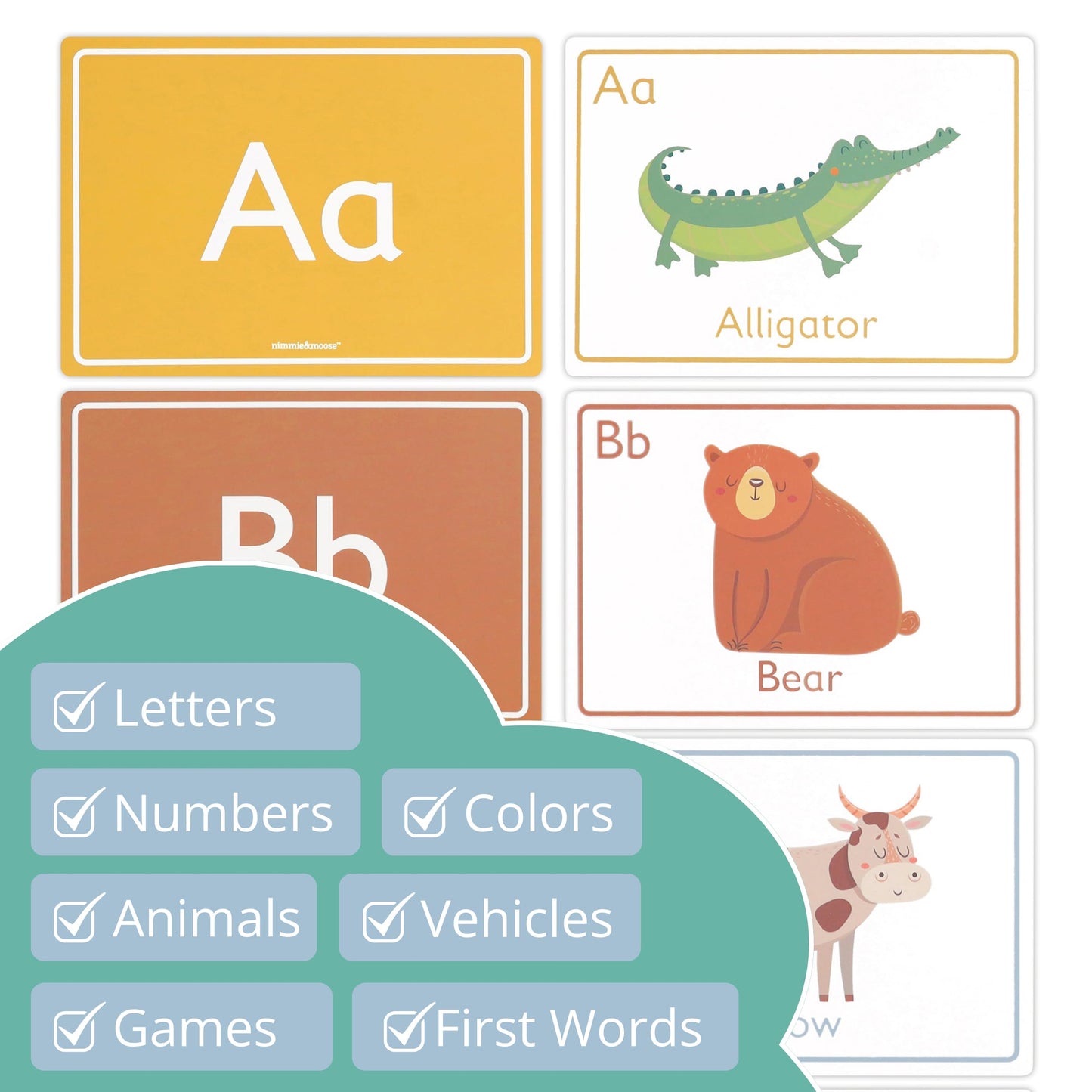 Nimmie & Moose Alphabet Flash Cards for Toddlers (1-3) – Extra-Thick, Letters & Numbers