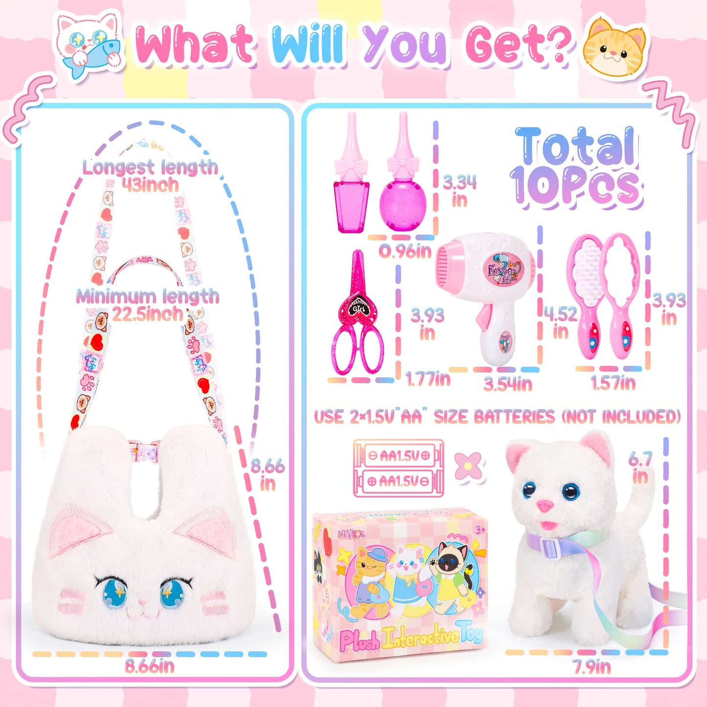 NINAOR Interactive Cat Toys for Kids with Crossbody Bag – Plush Kitty Robot Toy for Pretend Play