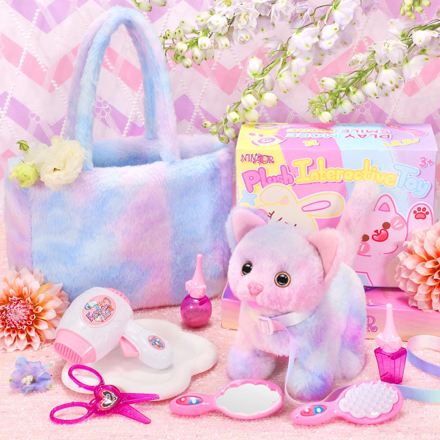 NINAOR Plush Interactive Cat Toys for Kids with Tote Bag and Leashed Kitten