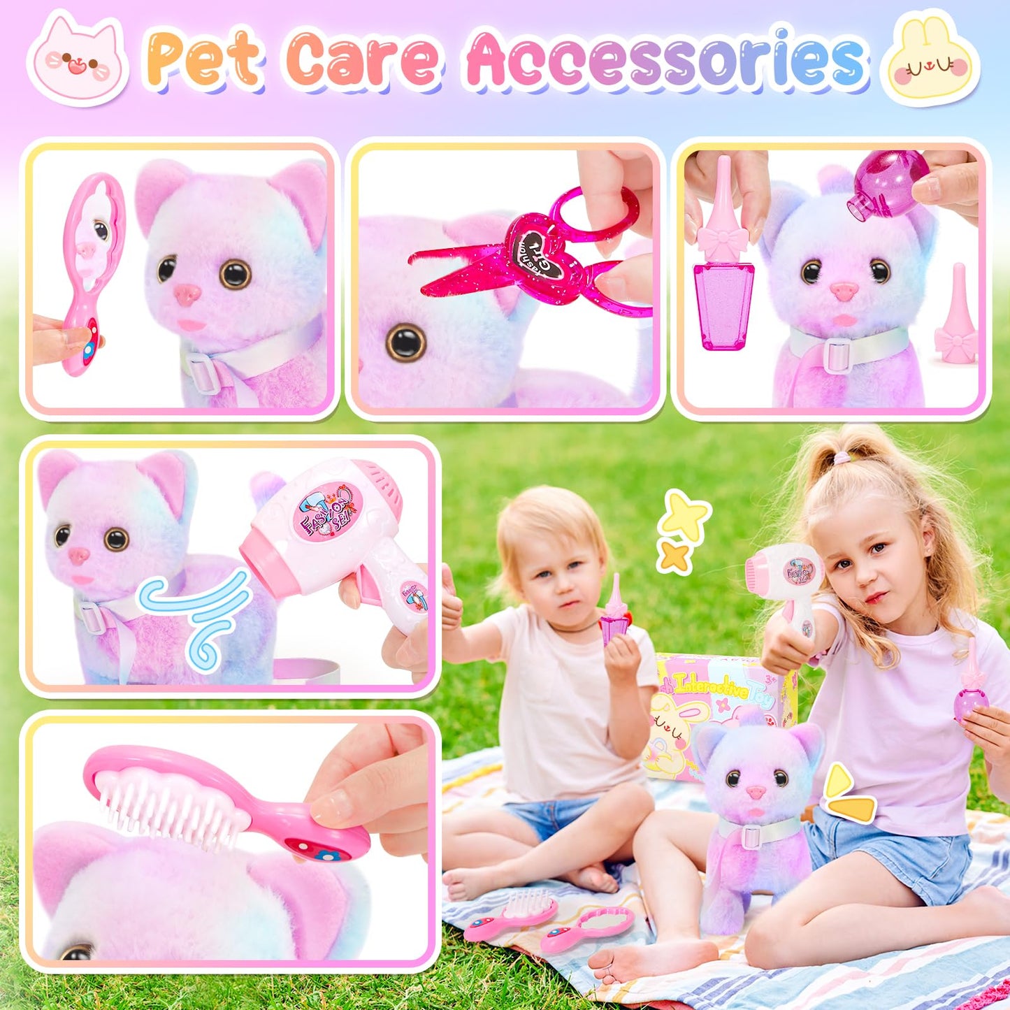 NINAOR Plush Interactive Cat Toys for Kids with Tote Bag and Leashed Kitten