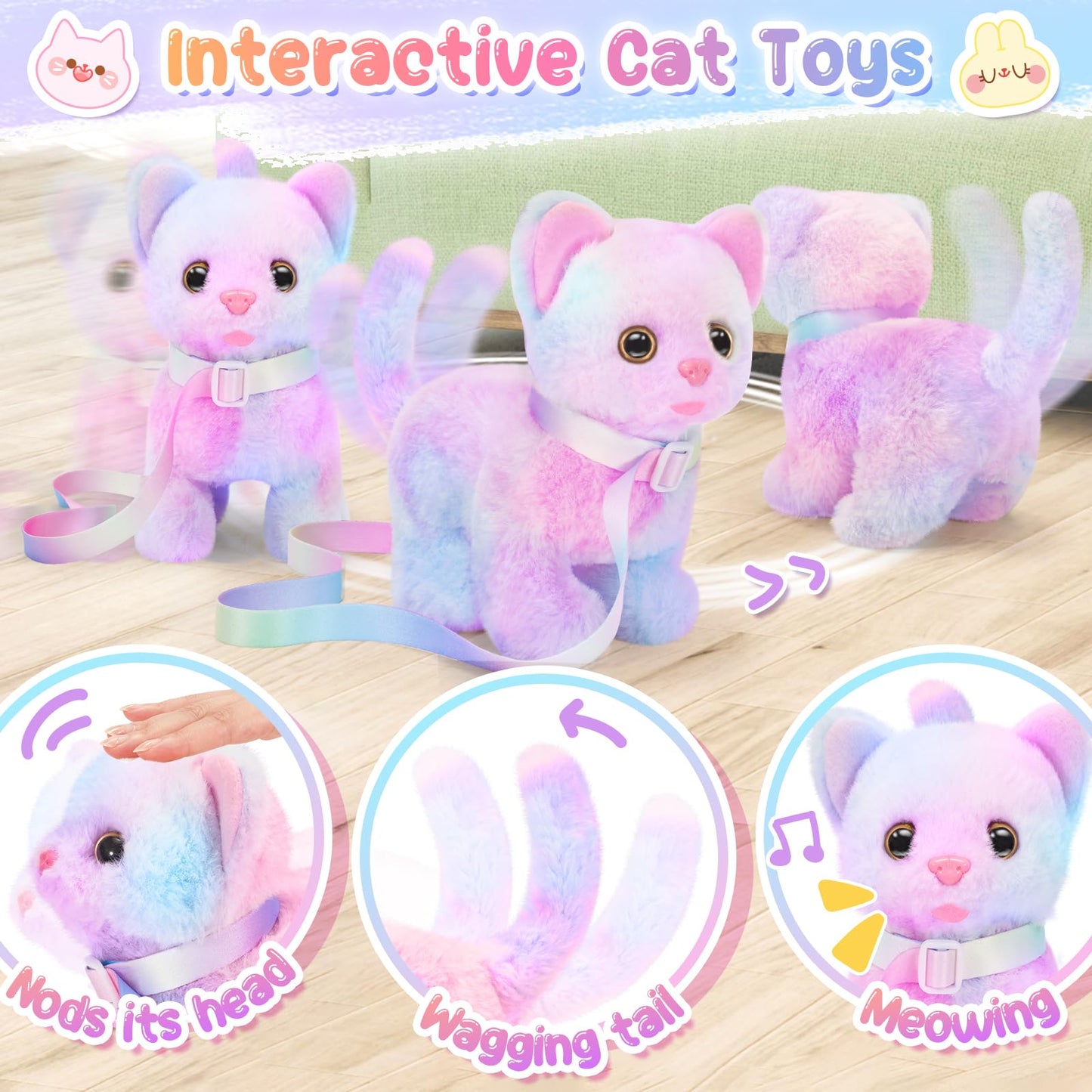 NINAOR Plush Interactive Cat Toys for Kids with Tote Bag and Leashed Kitten