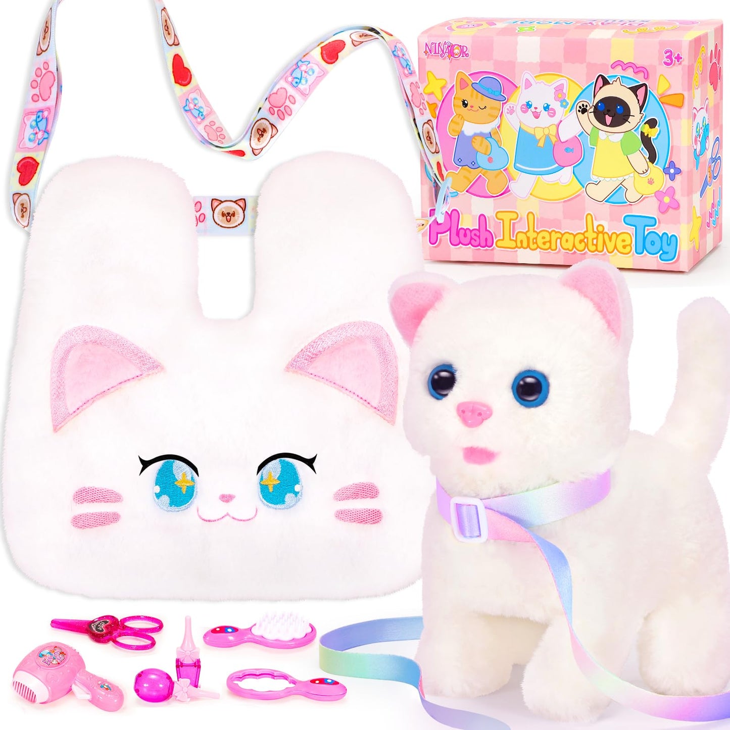 NINAOR Interactive Cat Toys for Kids with Crossbody Bag – Plush Kitty Robot Toy for Pretend Play