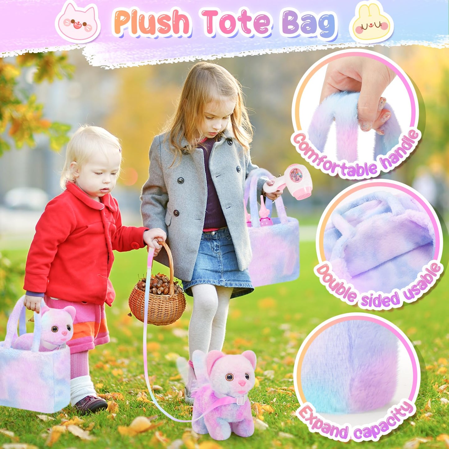 NINAOR Plush Interactive Cat Toys for Kids with Tote Bag and Leashed Kitten