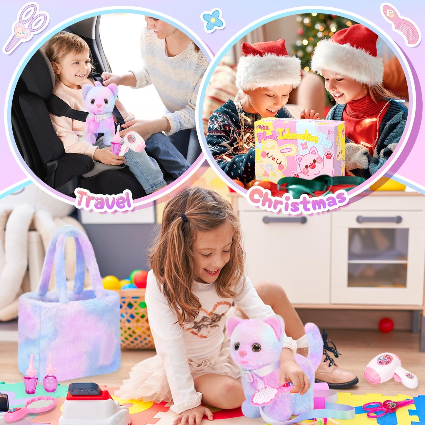 NINAOR Plush Interactive Cat Toys for Kids with Tote Bag and Leashed Kitten
