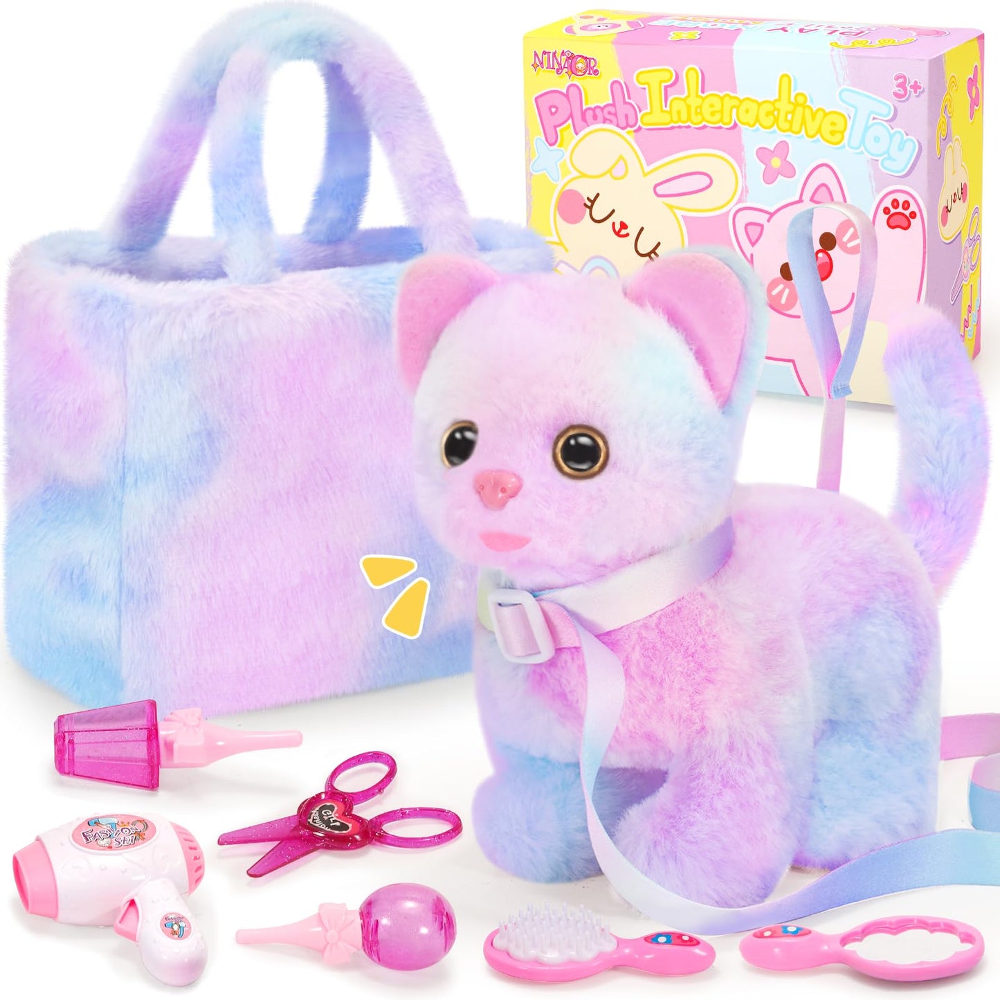 NINAOR Plush Interactive Cat Toys for Kids with Tote Bag and Leashed Kitten