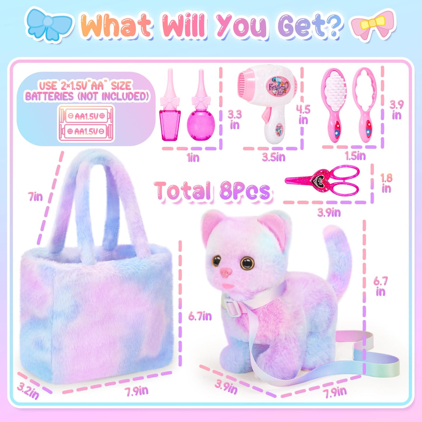 NINAOR Plush Interactive Cat Toys for Kids with Tote Bag and Leashed Kitten