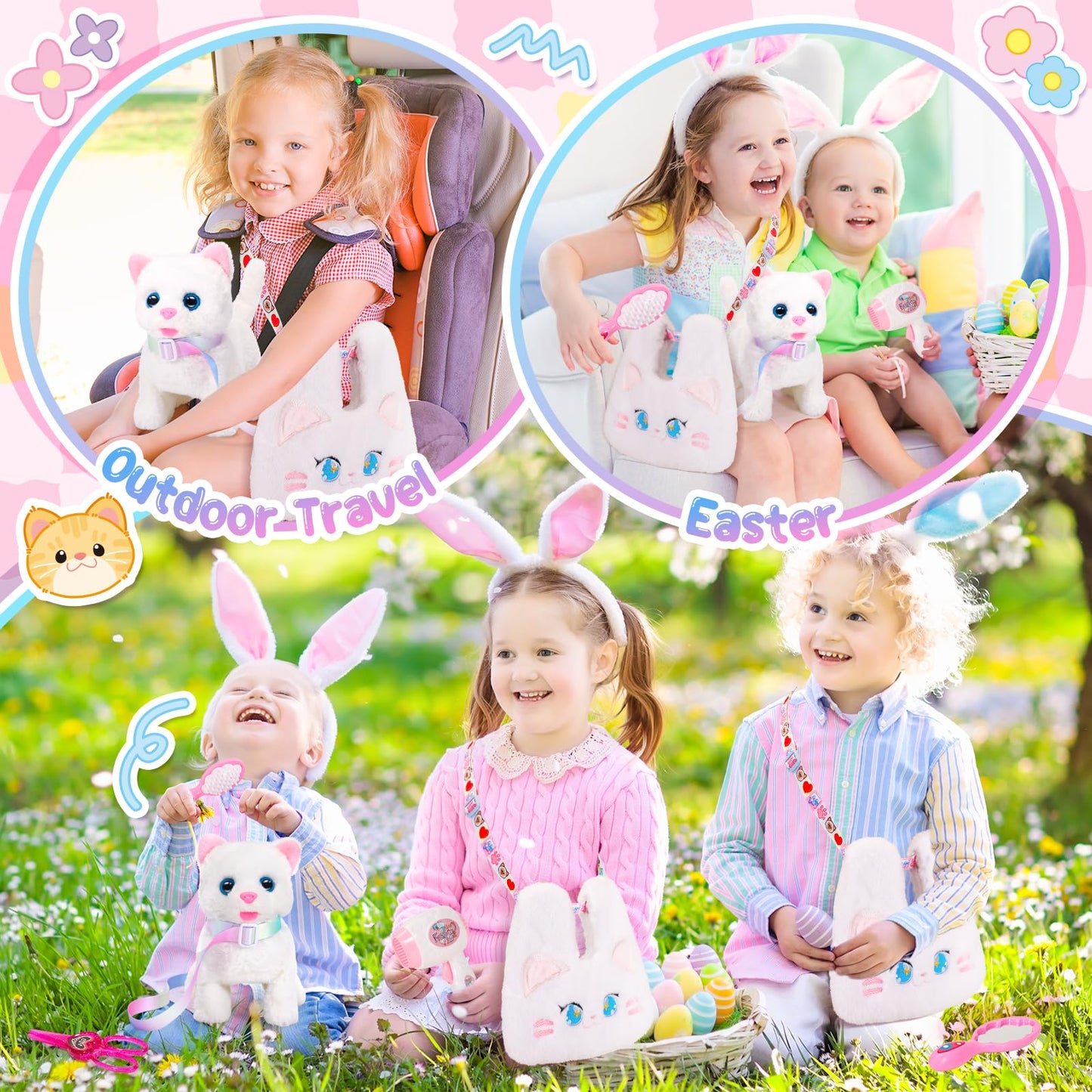 NINAOR Interactive Cat Toys for Kids with Crossbody Bag – Plush Kitty Robot Toy for Pretend Play