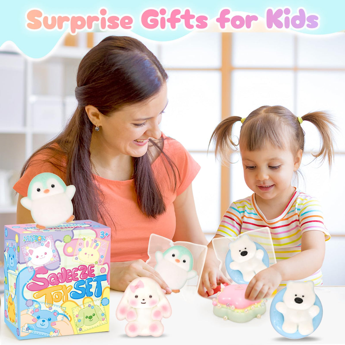 NINAOR Squishy Fidget Toys 4Pcs – Penguin, Rabbit, Pool Dog & Dessert for Fun, Focus & Sensory Play