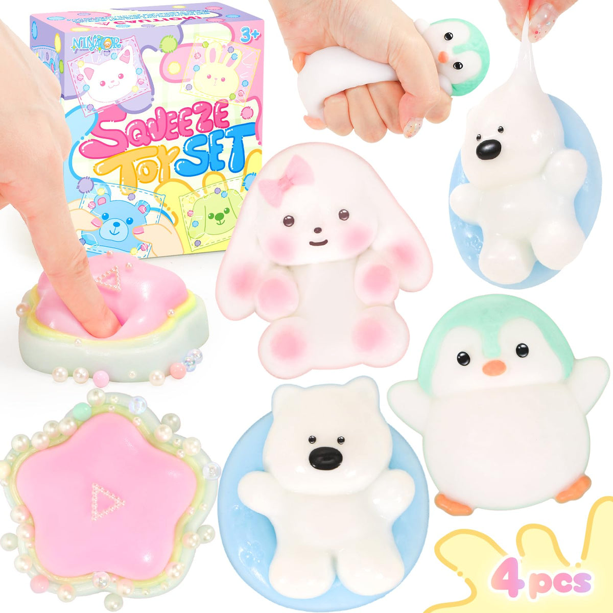 NINAOR Squishy Fidget Toys 4Pcs – Penguin, Rabbit, Pool Dog & Dessert for Fun, Focus & Sensory Play