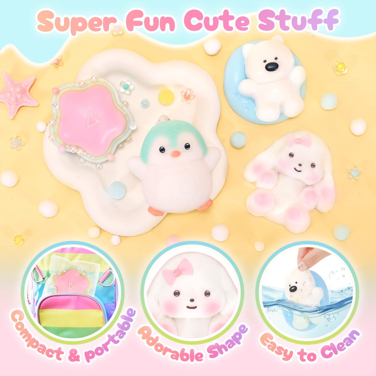NINAOR Squishy Fidget Toys 4Pcs – Penguin, Rabbit, Pool Dog & Dessert for Fun, Focus & Sensory Play