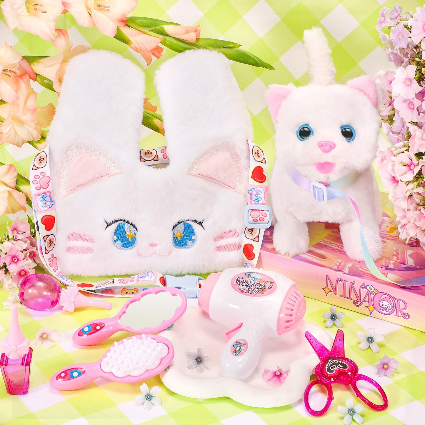 NINAOR Interactive Cat Toys for Kids with Crossbody Bag – Plush Kitty Robot Toy for Pretend Play