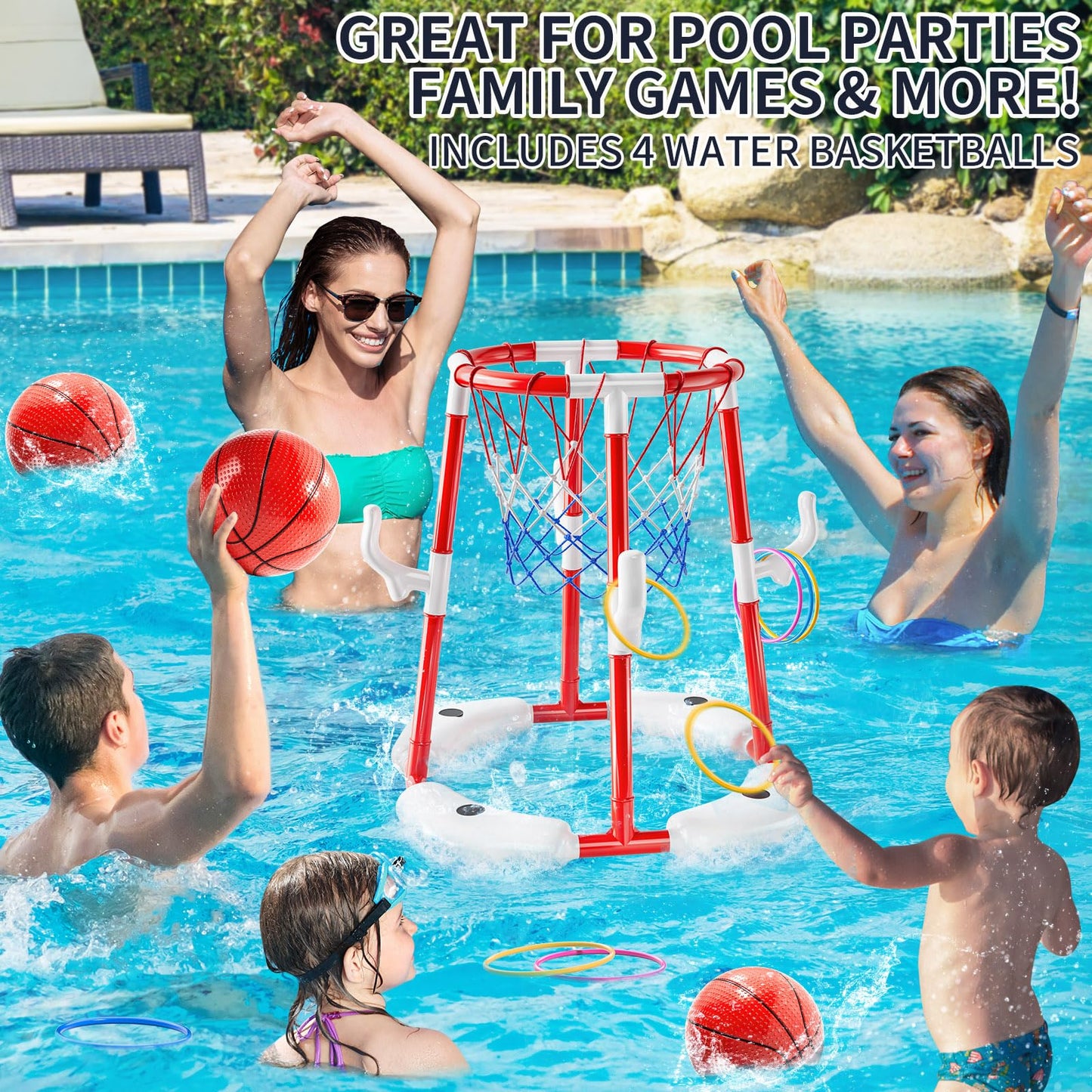 NIPLOOOW Pool Basketball Hoop – 2-in-1 Floating Ring Game with 4 Balls & Pump