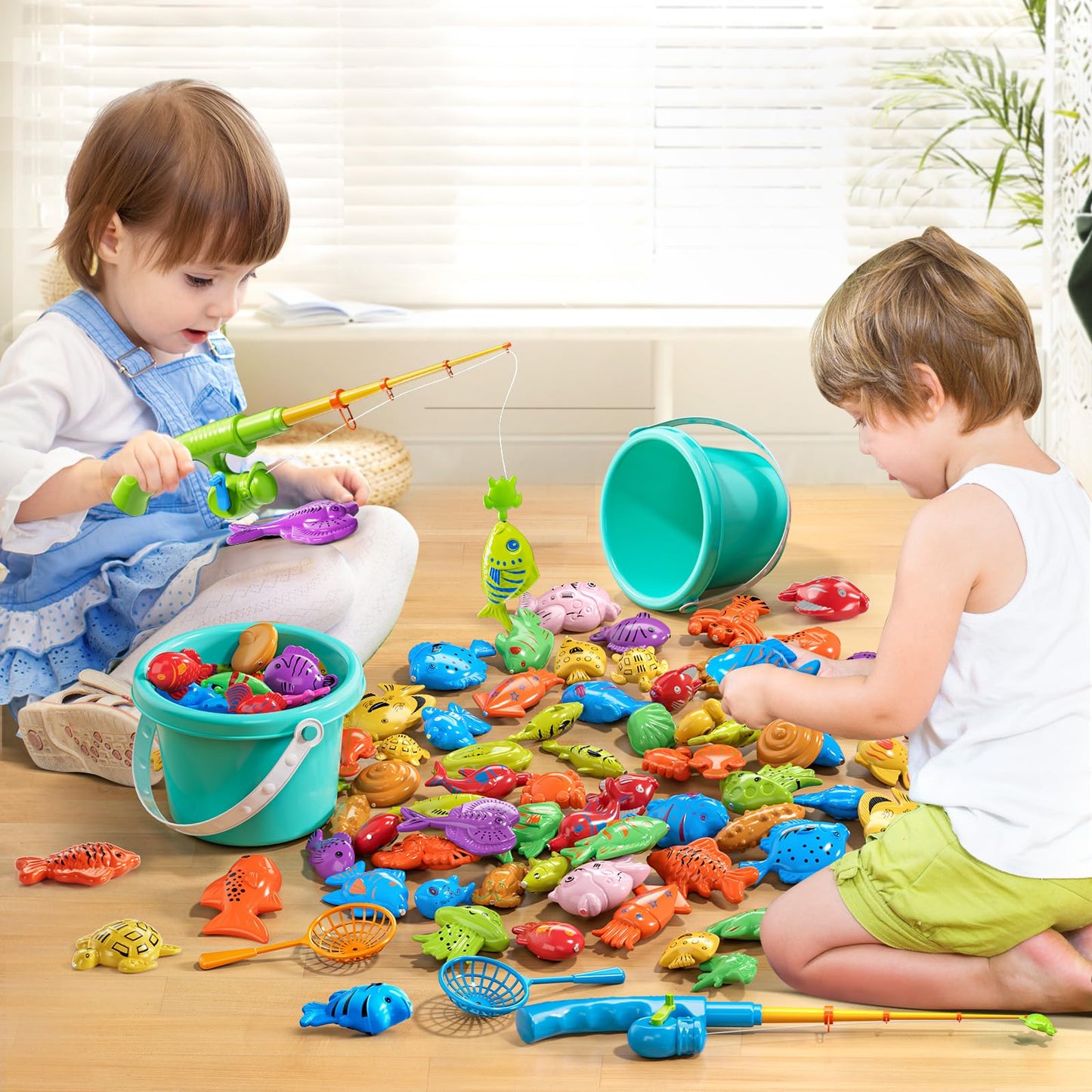 NIPLOOOW Magnetic Fishing Game – 51 Sea Animals, 2 Rods & 2 Nets, Pool Toy for Kids Aged 3-8