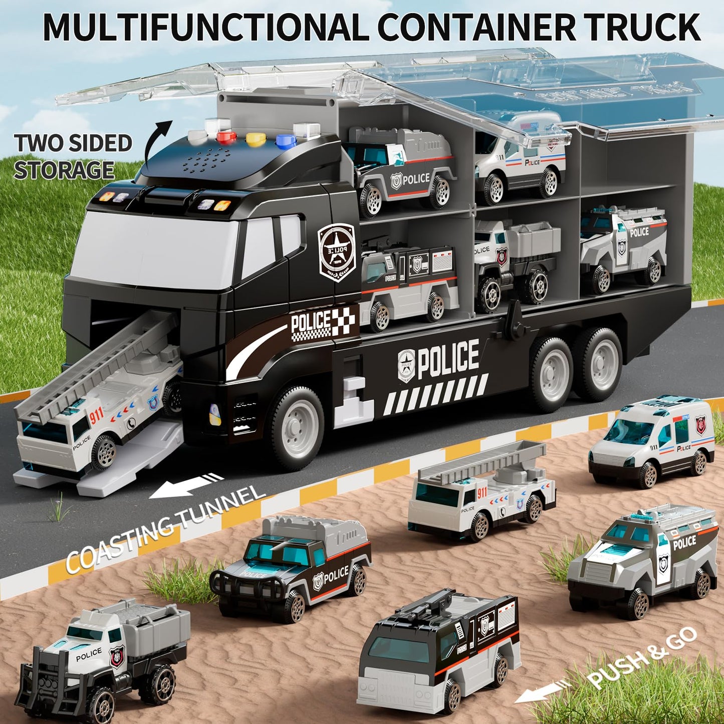 NIPLOOOW Police Truck Toy Set with Play Mat – Die-Cast Cars for 3–8 Year Olds