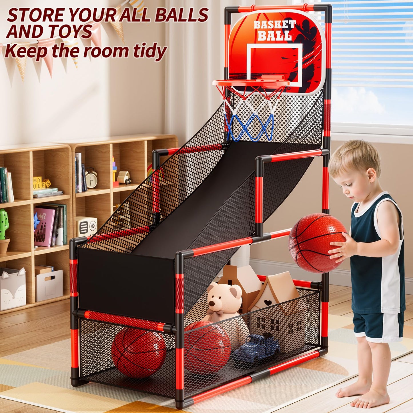 NIPLOOOW Arcade Basketball Set for Kids 3-12 – Adjustable Indoor/Outdoor Hoop with 4 Balls & Pump