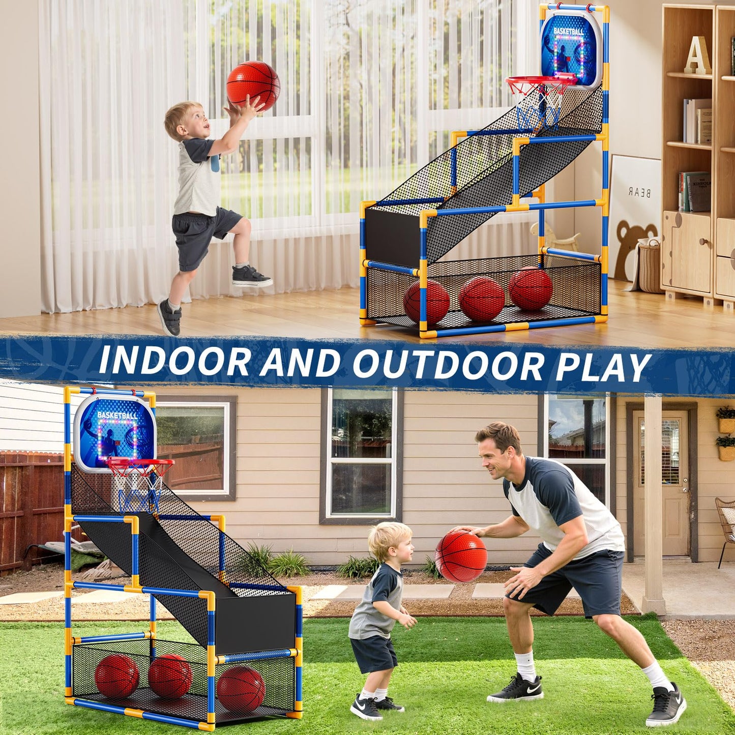 NIPLOOOW Arcade Basketball Game Set for Kids 3-12 | Adjustable Hoop, 4 Balls & Pump