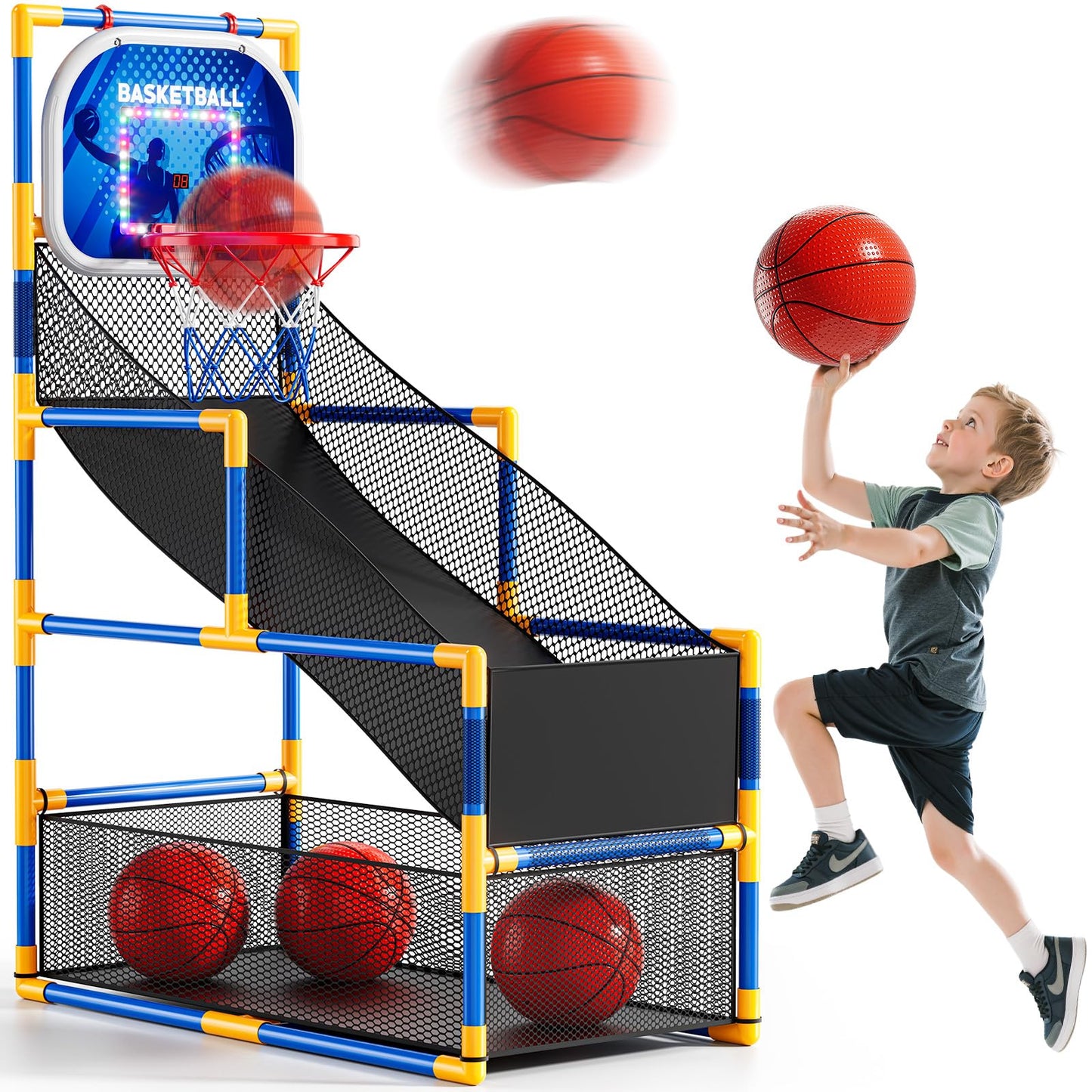 NIPLOOOW Arcade Basketball Game Set for Kids 3-12 | Adjustable Hoop, 4 Balls & Pump