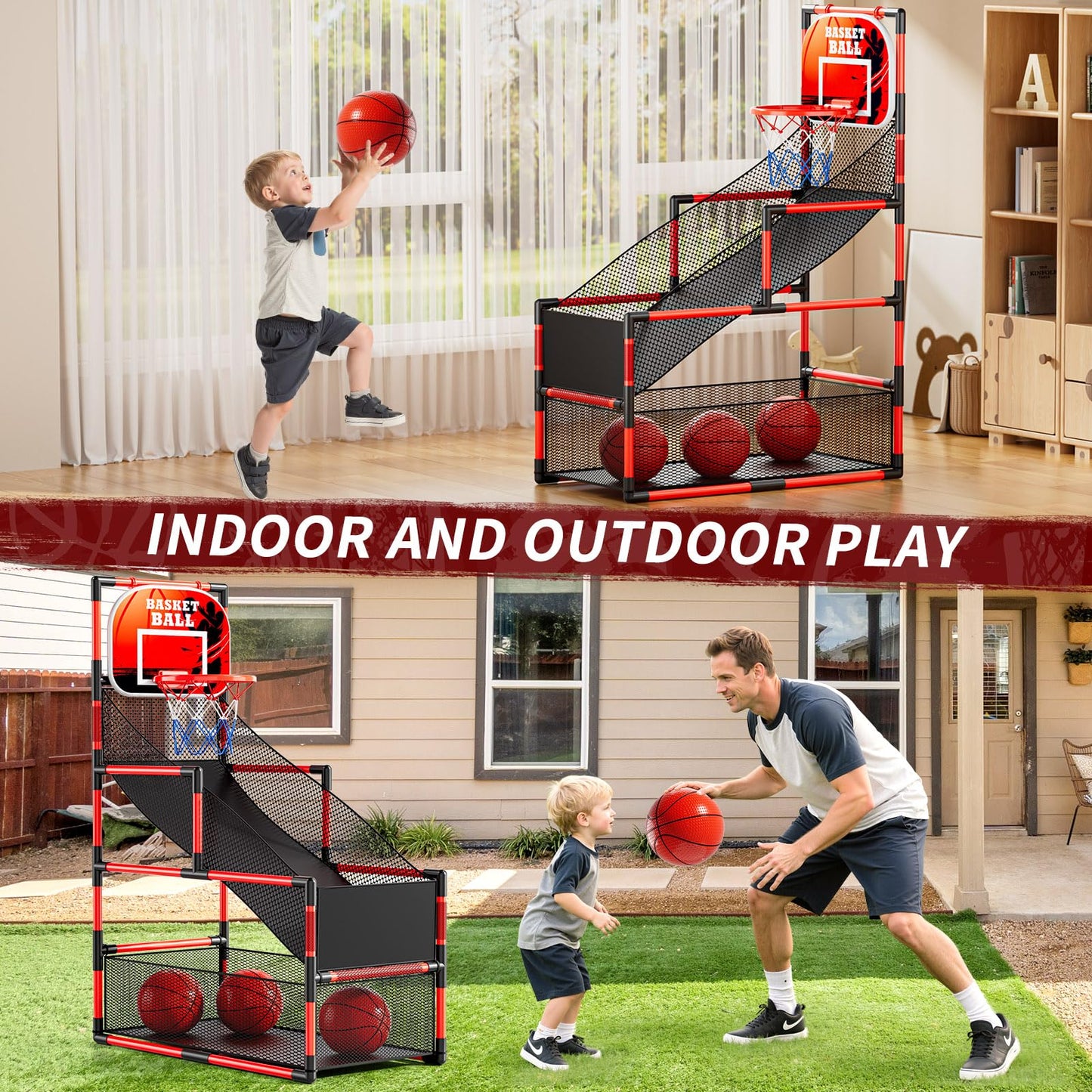 NIPLOOOW Arcade Basketball Set for Kids 3-12 – Adjustable Indoor/Outdoor Hoop with 4 Balls & Pump
