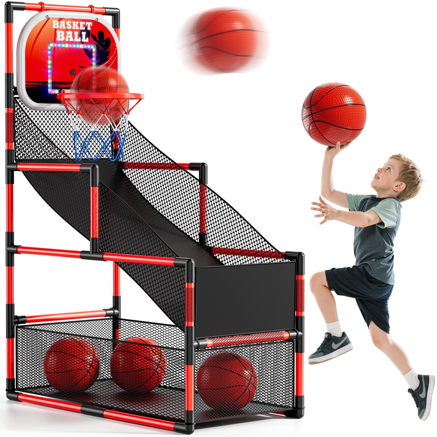 NIPLOOOW Arcade Basketball Game Set – Adjustable Indoor/Outdoor Hoop (4 Balls + Pump) for Kids 3-12