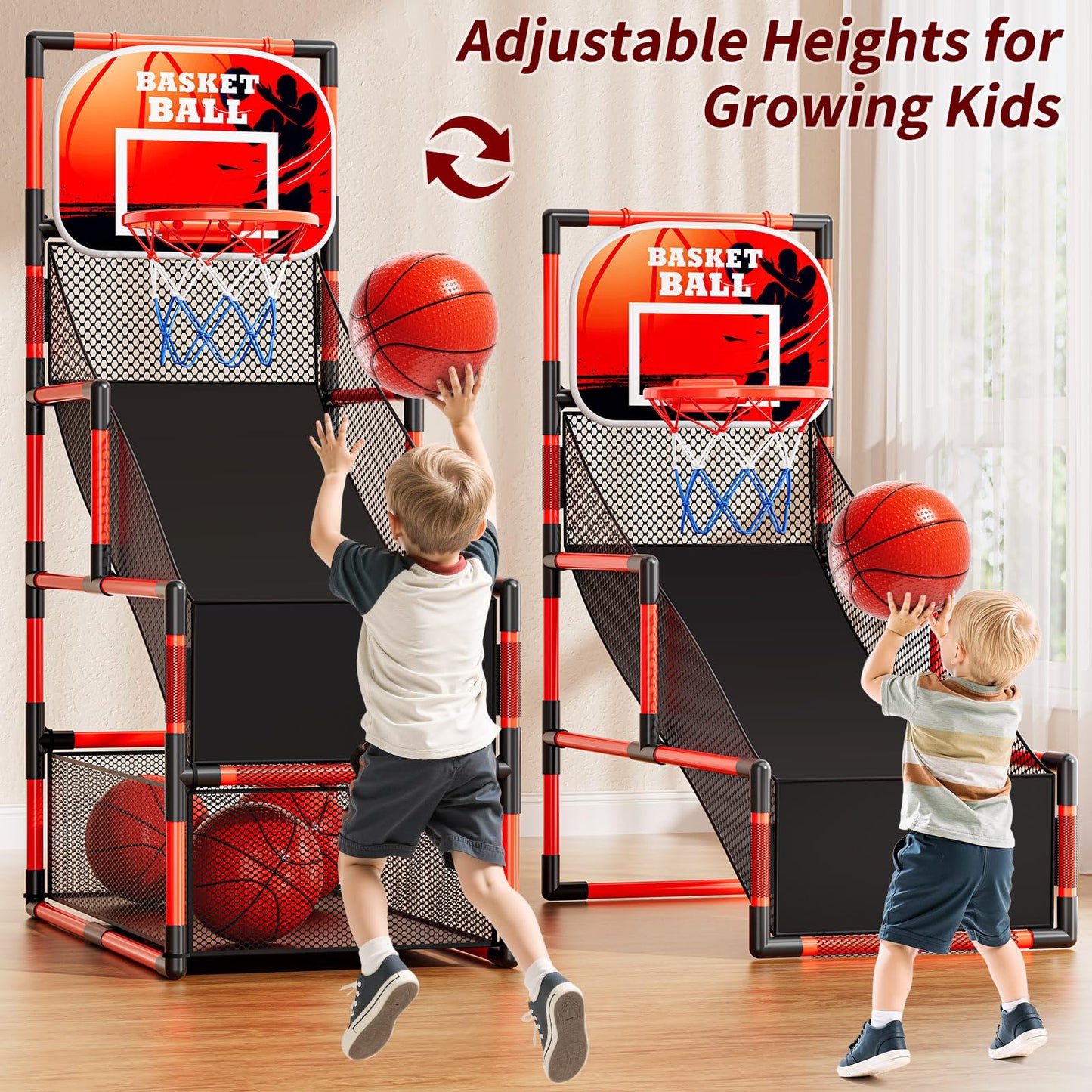 NIPLOOOW Arcade Basketball Set for Kids 3-12 – Adjustable Indoor/Outdoor Hoop with 4 Balls & Pump