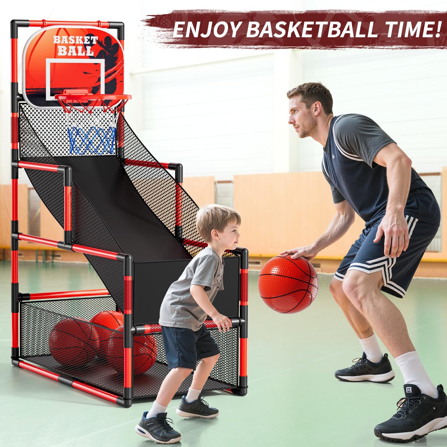 NIPLOOOW Arcade Basketball Set for Kids 3-12 – Adjustable Indoor/Outdoor Hoop with 4 Balls & Pump