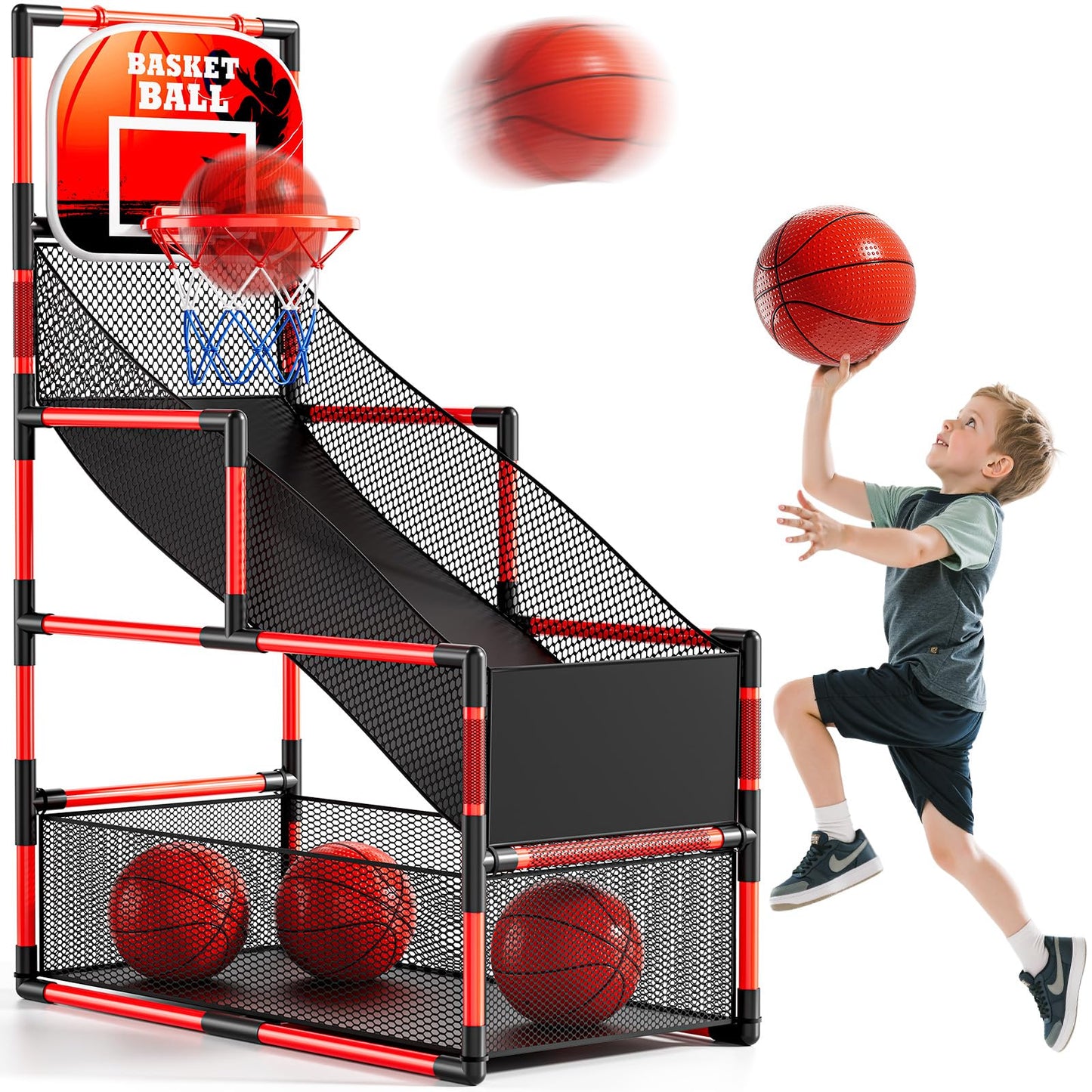 NIPLOOOW Arcade Basketball Set for Kids 3-12 – Adjustable Indoor/Outdoor Hoop with 4 Balls & Pump