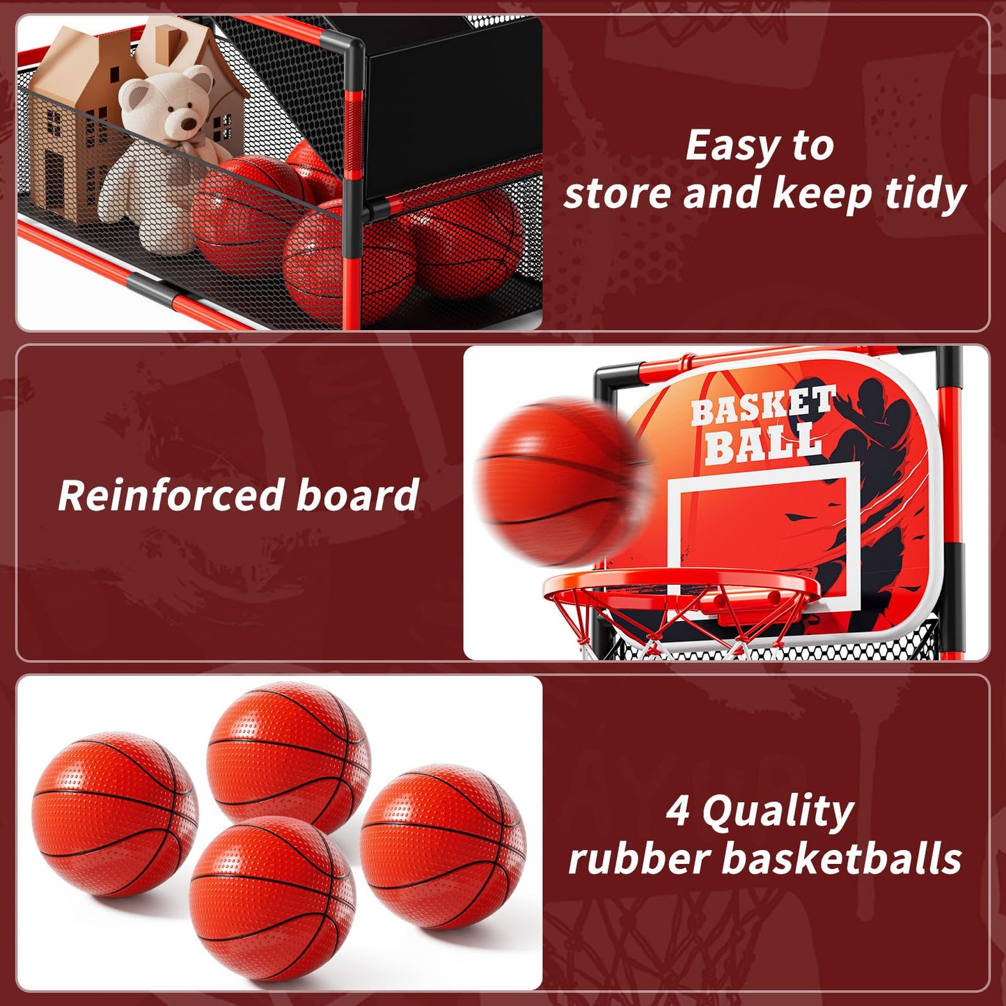 NIPLOOOW Arcade Basketball Set for Kids 3-12 – Adjustable Indoor/Outdoor Hoop with 4 Balls & Pump