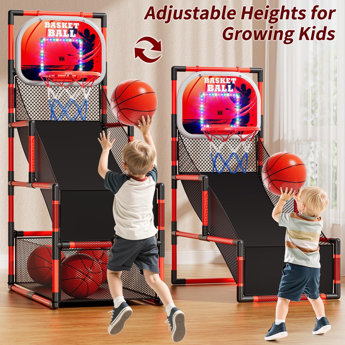 NIPLOOOW Arcade Basketball Game Set – Adjustable Indoor/Outdoor Hoop (4 Balls + Pump) for Kids 3-12