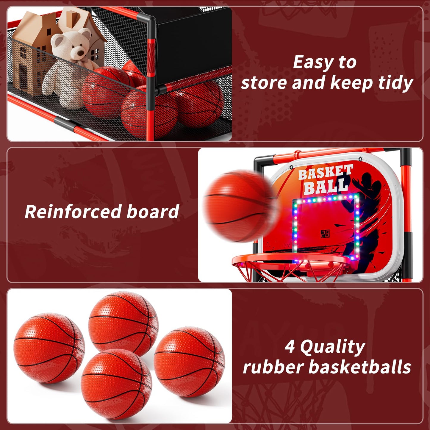 NIPLOOOW Arcade Basketball Game Set – Adjustable Indoor/Outdoor Hoop (4 Balls + Pump) for Kids 3-12