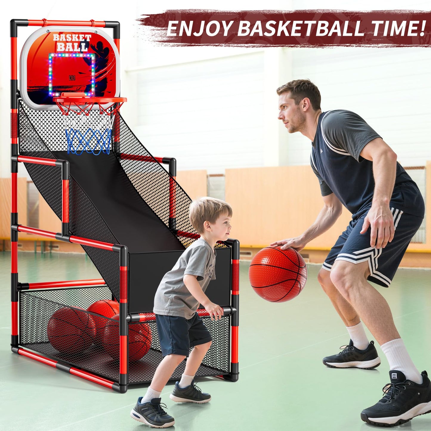 NIPLOOOW Arcade Basketball Game Set – Adjustable Indoor/Outdoor Hoop (4 Balls + Pump) for Kids 3-12