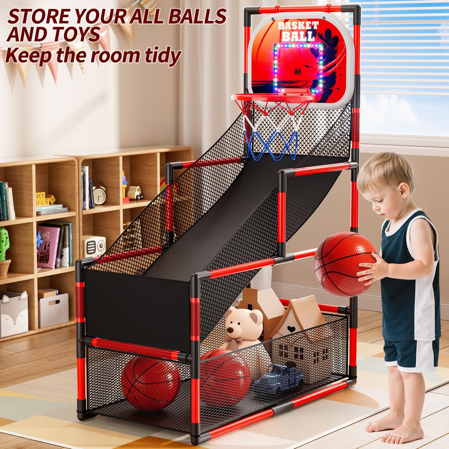 NIPLOOOW Arcade Basketball Game Set – Adjustable Indoor/Outdoor Hoop (4 Balls + Pump) for Kids 3-12