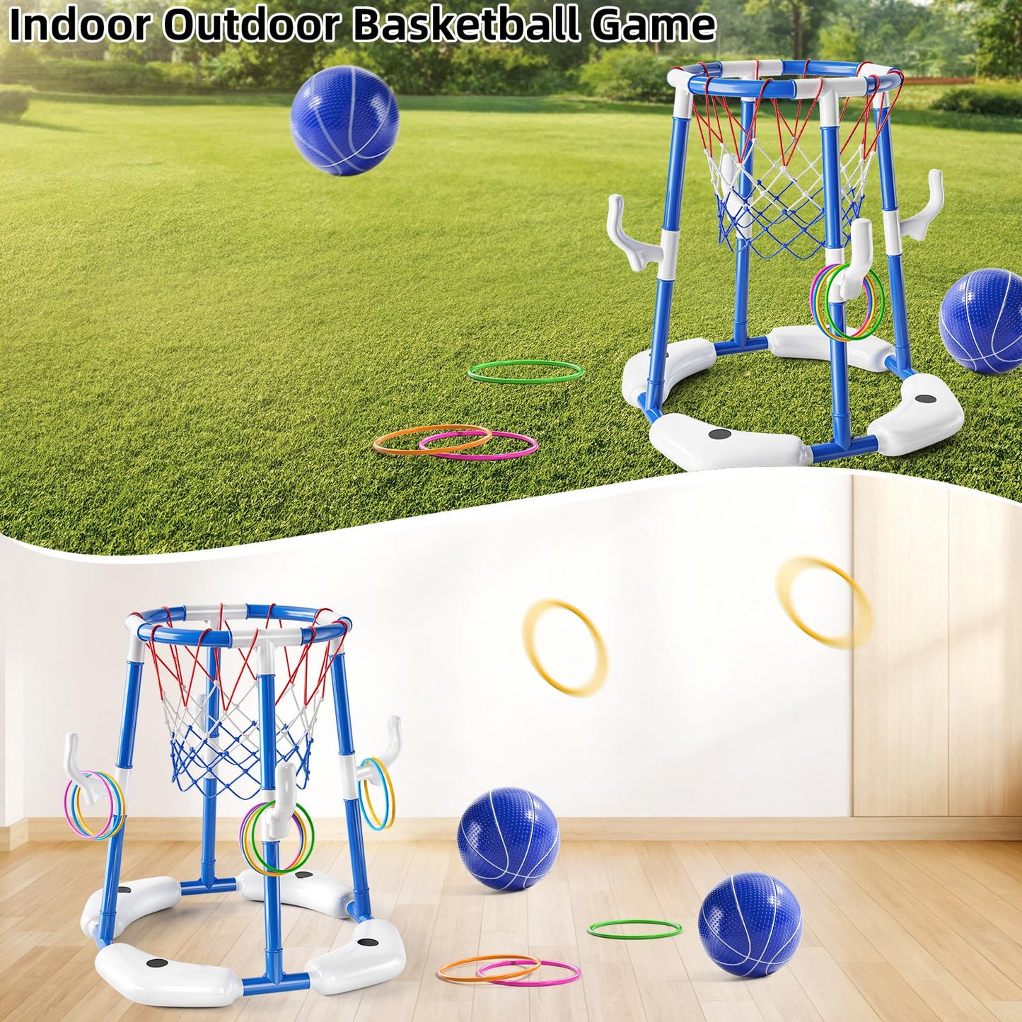 NIPLOOOW Pool Basketball Hoop - 2-in-1 Floating Ring Game with 4 Balls & Pump