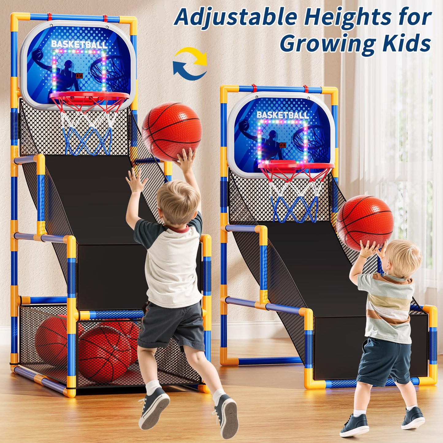 NIPLOOOW Arcade Basketball Game Set for Kids 3-12 | Adjustable Hoop, 4 Balls & Pump