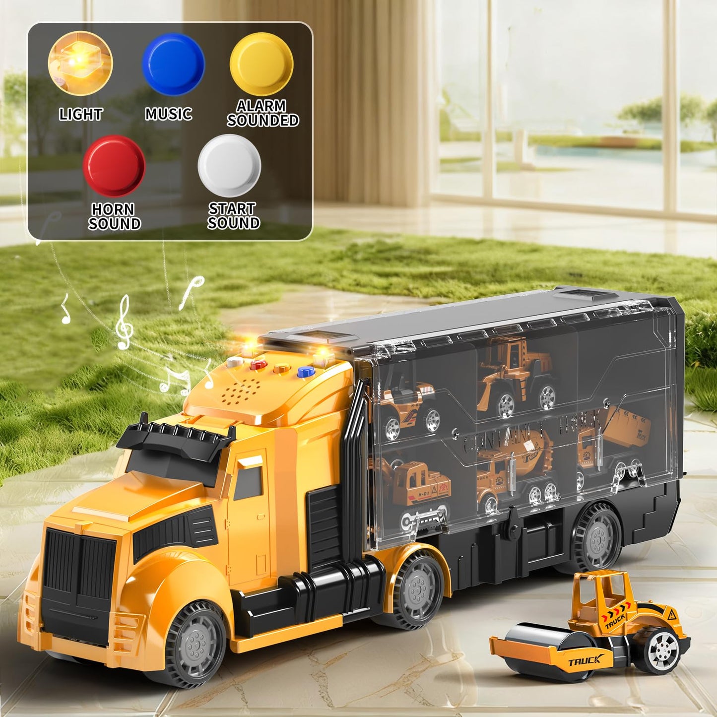 NIPLOOOW Construction Trucks Toy Set with Play Mat – Carrier Truck & Realistic Lights