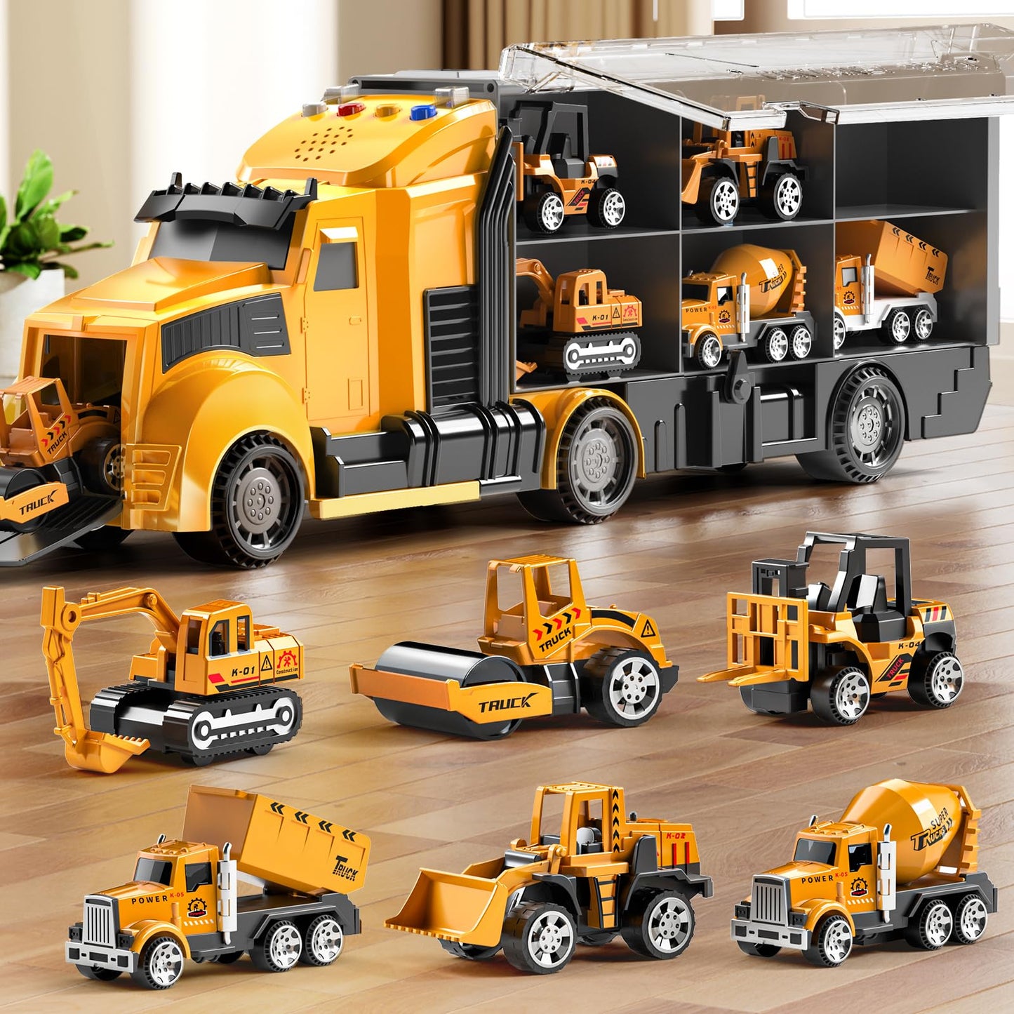 NIPLOOOW Construction Trucks Toy Set with Play Mat – Carrier Truck & Realistic Lights