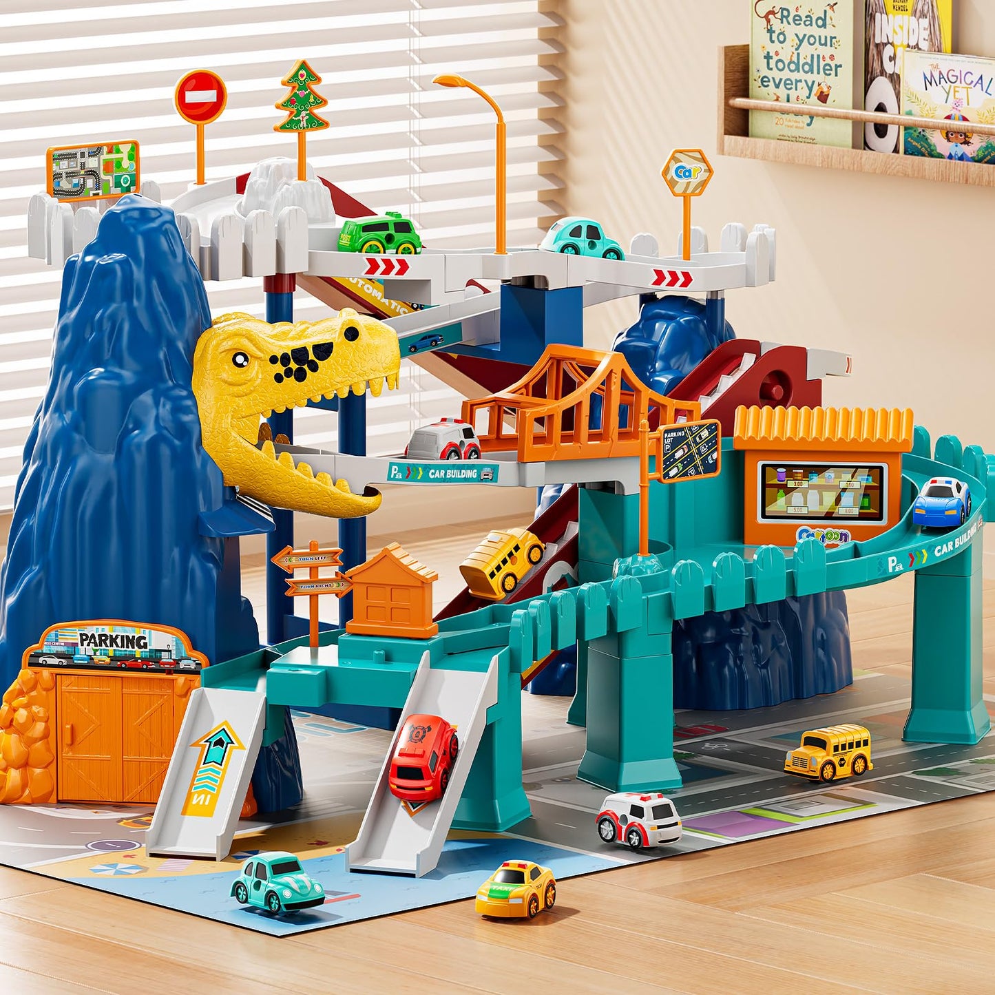 NIPLOOOW Dinosaur Race Track Playset – 10 Mini Cars, Indoor/Outdoor Fun for Kids 3–8