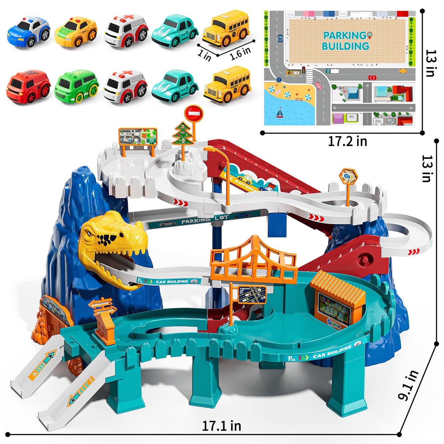 NIPLOOOW Dinosaur Race Track Playset – 10 Mini Cars, Indoor/Outdoor Fun for Kids 3–8