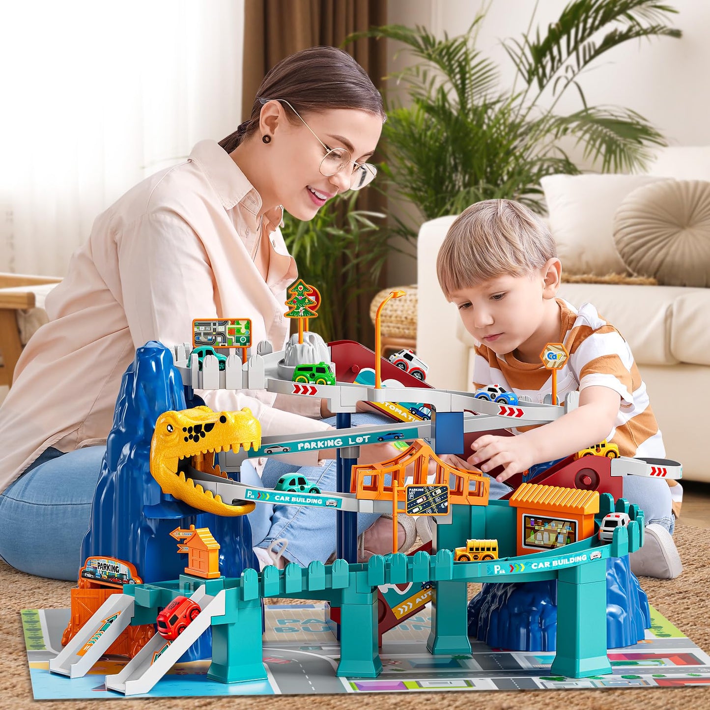 NIPLOOOW Dinosaur Race Track Playset – 10 Mini Cars, Indoor/Outdoor Fun for Kids 3–8