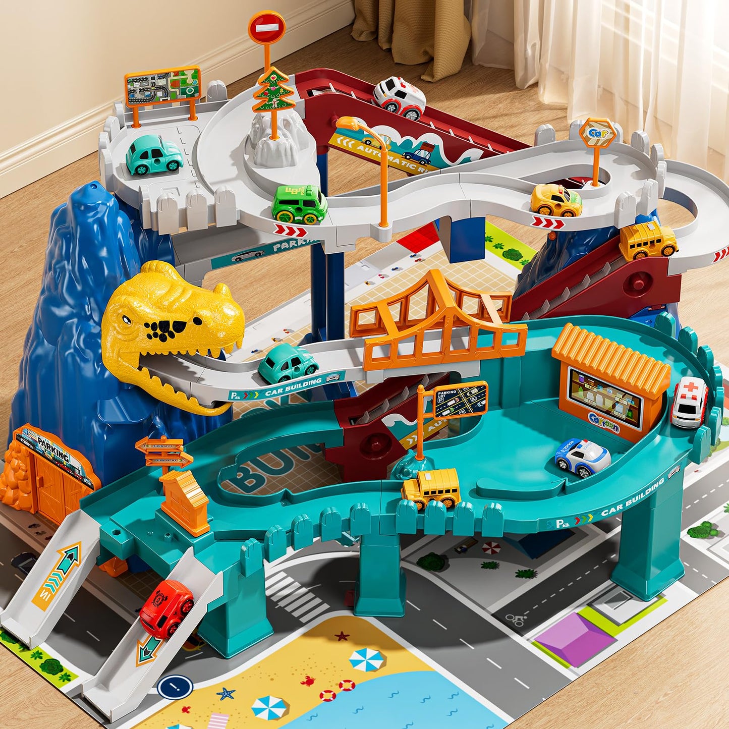 NIPLOOOW Dinosaur Race Track Playset – 10 Mini Cars, Indoor/Outdoor Fun for Kids 3–8