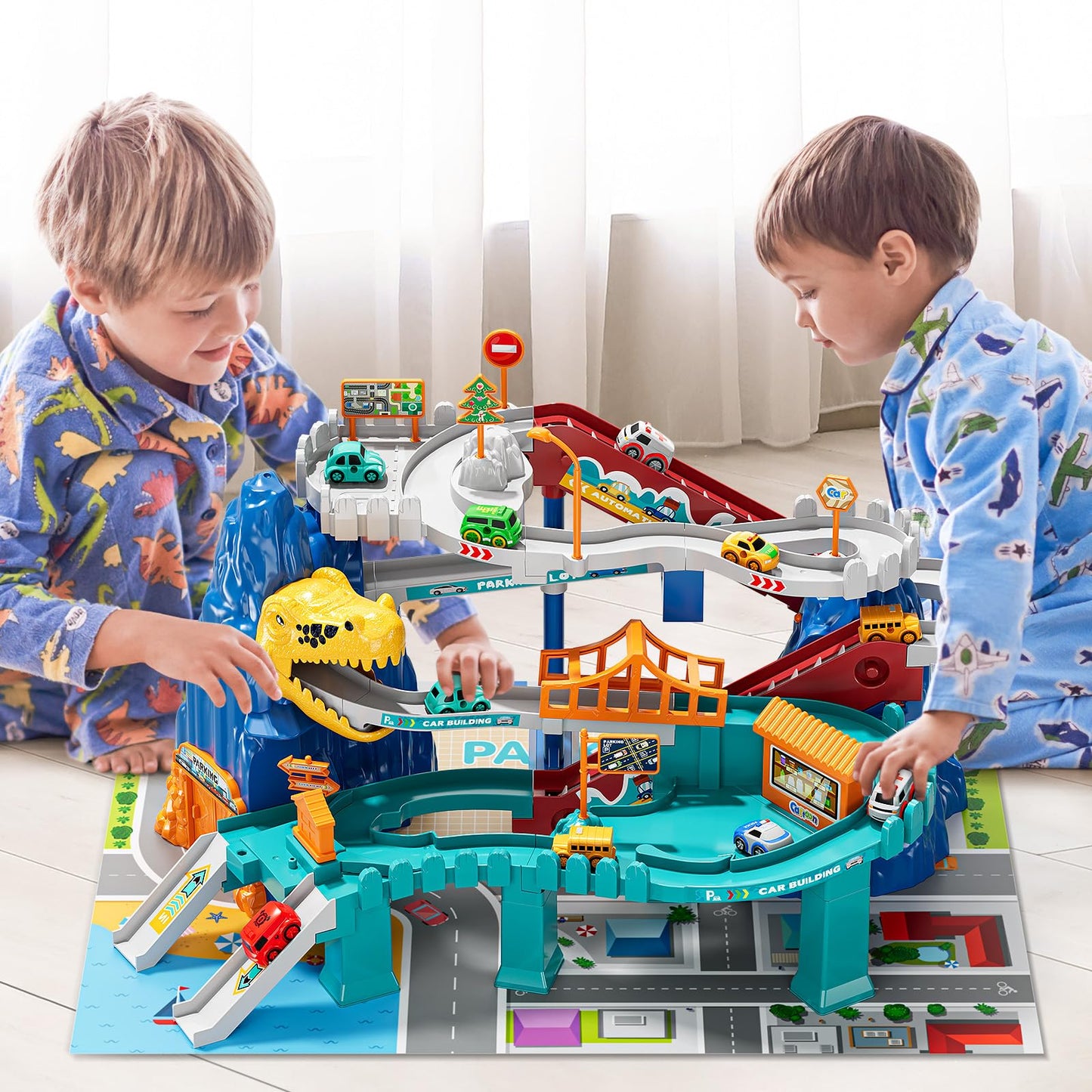 NIPLOOOW Dinosaur Race Track Playset – 10 Mini Cars, Indoor/Outdoor Fun for Kids 3–8