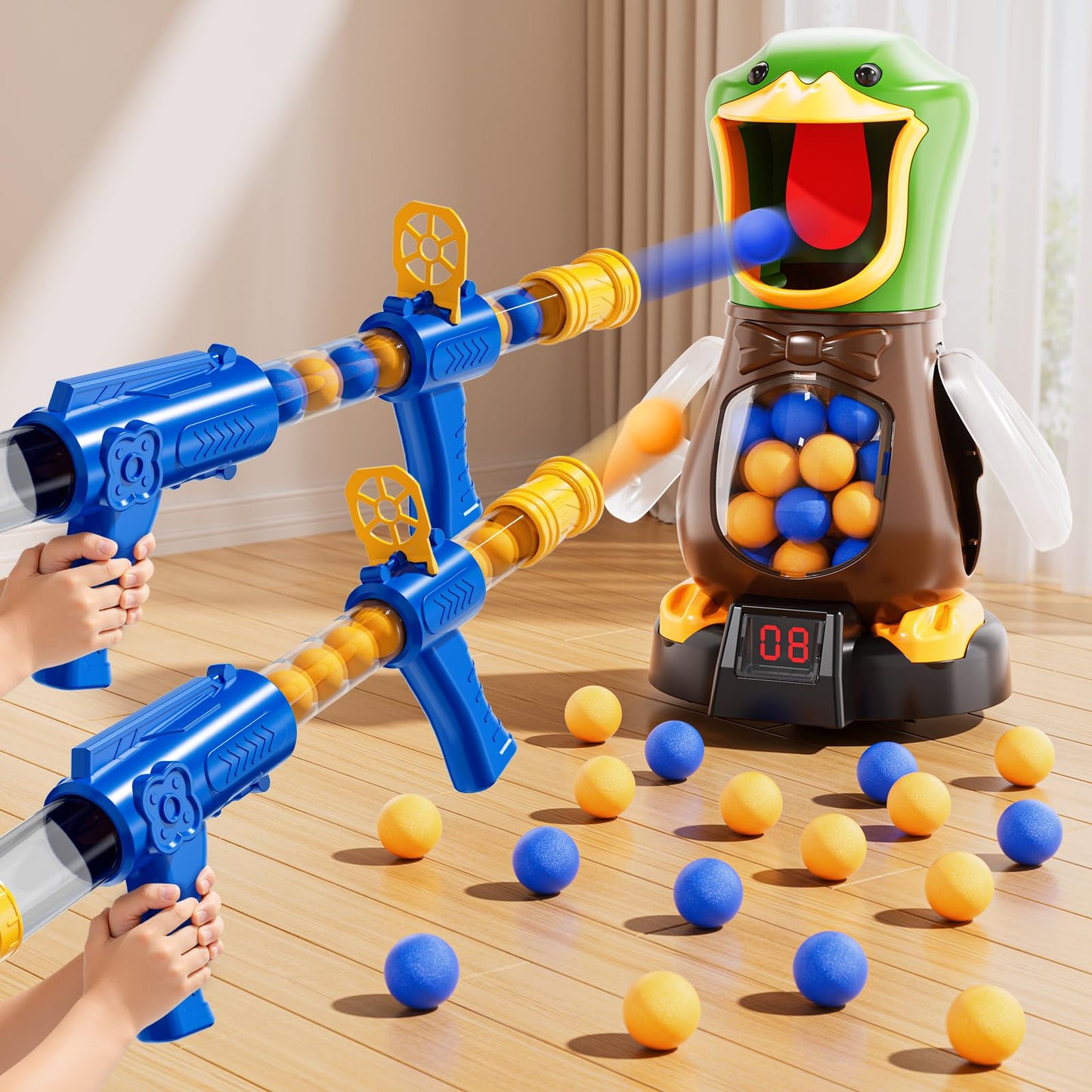 NIPLOOOW Duck Shooting Toy for Kids 3-8 – Movable Target Game with 2 Air Pump Launchers, LCD Score & 48 Foam Balls
