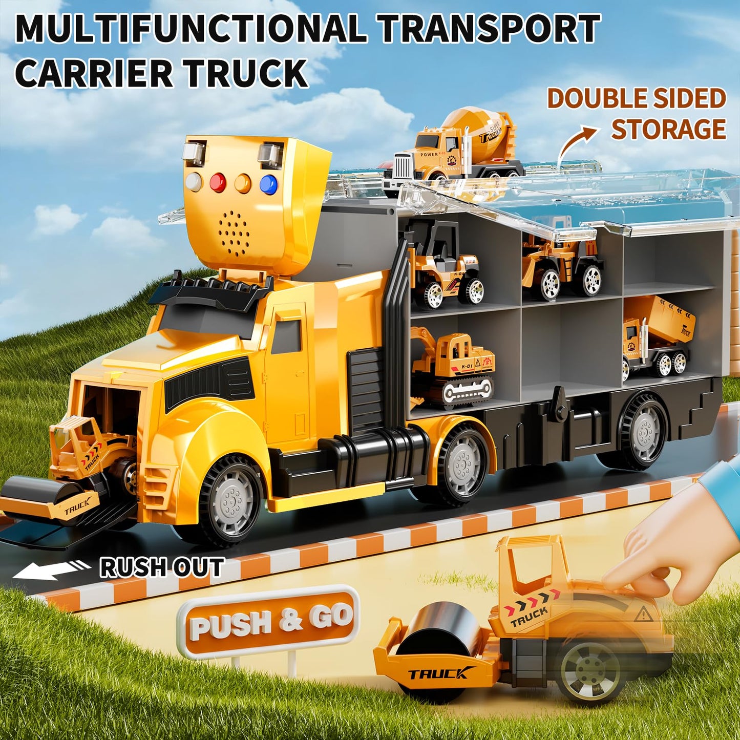 NIPLOOOW Construction Trucks Toy Set with Play Mat – Carrier Truck & Realistic Lights